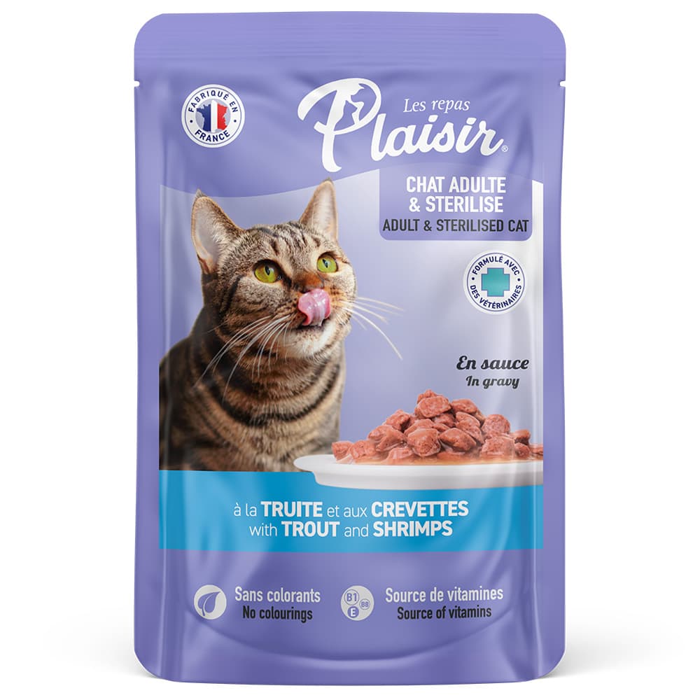 Alimento húmedo Para Gato Adulto Plaisir Con Trocitos De Trucha Y Camarón En Salsa